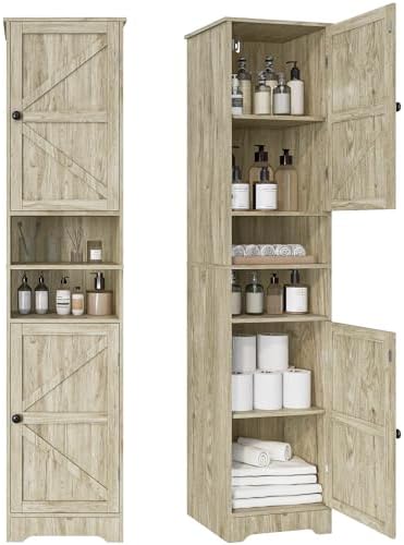 Viaozutis Tall Bathroom Storage Cabinet, Slim Freestanding Cabinet with Adjustable Shelves, Vertical Storage Organizer for Small Bathrooms, Toilet Paper & Daily Essentials Storage Gray