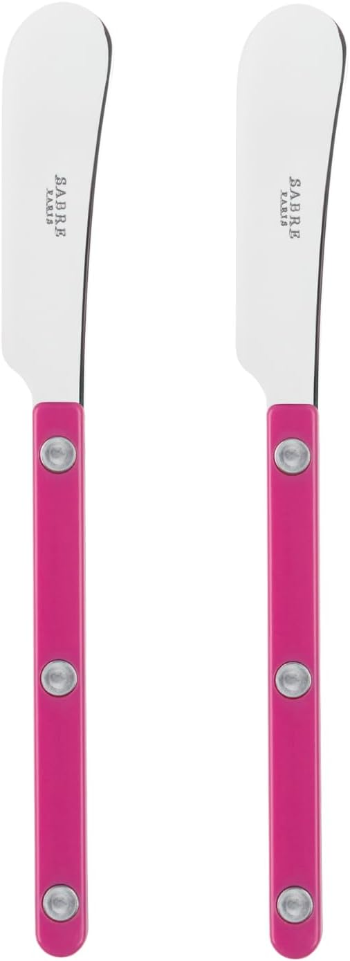 Sabre Paris - Set of 2 Spreader Knives 5.5 inches - Bistrot Collection - Perfect for Butter, Tapenades, Spreads - Stainless Steel & Nylon - Dishwasher Safe - Raspberry - Brilliant Finish