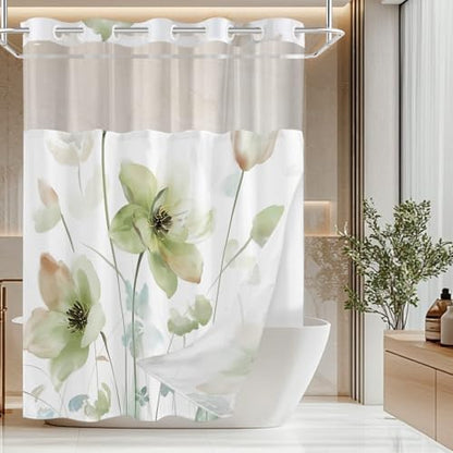 No Hook Shower Curtain and Liner Set, Light Green Floral 71x74