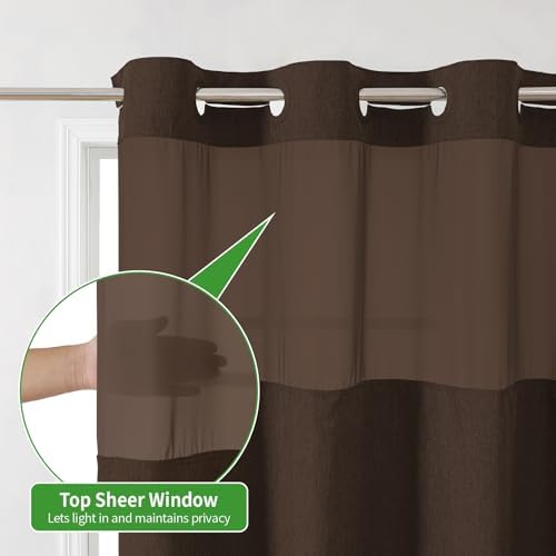 eachope No Hook Linen Texture Shower Curtain with Snap-in Liner,71x80 Brown