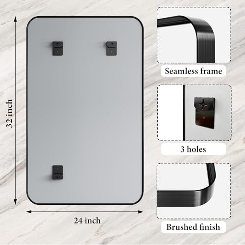 24"X32" Matte Black Metal Framed Vanity Rounded Rectangle Bathroom Mirrors