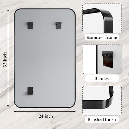 24"X32" Matte Black Metal Framed Vanity Rounded Rectangle Bathroom Mirrors