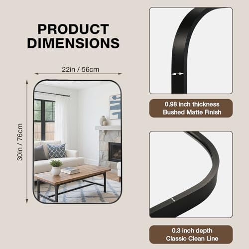 22"x30" Matte Black Rectangle Vanity Bathroom Mirror, Set of 2