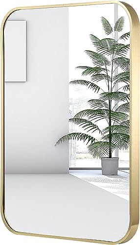 26x38 Inch Gold Bathroom Mirror, Brushed Brass Gold Metal Framed Rectangular Mirror with Rounded Corner, Bathroom Vanity Mirror for Bedroom or Living Room, Horizontal/Vertical
