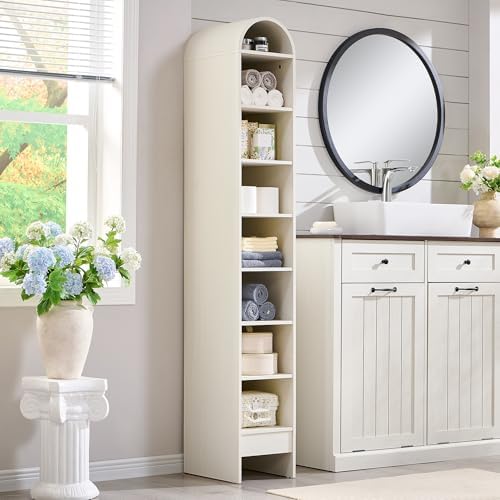 IFBUY 67" Tall Arched Bathroom Storage Cabinet, 8-Tier Modern Farmhouse Storage Cabinet with Adjustable Shelves, Wood Freestanding Cabinet for Bathroom, Living Room, Entryway, Hallway (Antique White)