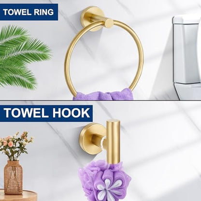 5 Pieces Bathroom Hardware Accessories Set Brushed Gold, 24Inch Bathroom Towel Rack Set SUS304 Stainless Steel, Round Toilet Paper Holder with Shelf Heavy Duty, Wall Mounted