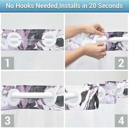 WITHLOC No Hook Floral Shower Curtain with Liner, Eucalyptus Plum, 71x74