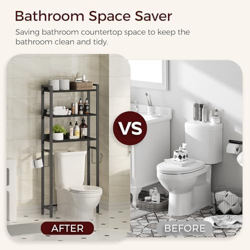MAHANCRIS Over The Toilet Storage Rack, 3 Tier Bathroom Organizer Over Toilet, Freestanding Space Saver Toilet Stand with 2 Hooks, Bathroom Storage Shelf, Easy to Assemble, Black TSBK6001