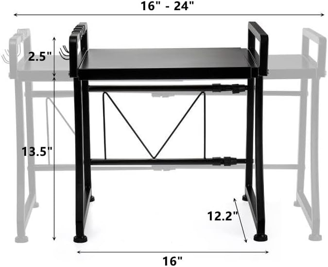 DEAYOU Extendable Microwave Oven Rack, 2-Tier Toaster Stand Utensils Storage with 8 Hooks, Adjustable Kitchen Countertop Organizer Shelf for Air Fryer, Rice Cooker, Spice, 110lbs Weight Capacity