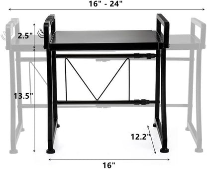 DEAYOU Extendable Microwave Oven Rack, 2-Tier Toaster Stand Utensils Storage with 8 Hooks, Adjustable Kitchen Countertop Organizer Shelf for Air Fryer, Rice Cooker, Spice, 110lbs Weight Capacity