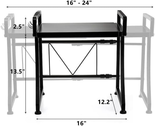 DEAYOU Extendable Microwave Oven Rack, 2-Tier Toaster Stand Utensils Storage with 8 Hooks, Adjustable Kitchen Countertop Organizer Shelf for Air Fryer, Rice Cooker, Spice, 110lbs Weight Capacity