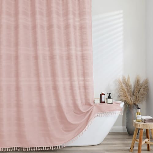OVZME Extra Long Pink Shower Curtain 96 Inch Long, Boho Linen Textured Soft Fabric Heavy Duty Cloth Bathroom Shower Curtain with Tassel, Tall Farmhouse Luxury Bath Decor, 72Wx96L Inches