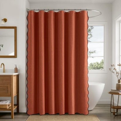 ANRODUO Burnt Orange Scalloped Linen Textured Shower Curtain, W72 x L108