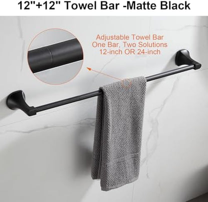 BGL Bathroom Hardware Set Matte Black Adjustable Expandable Towel Bar 4-Piece Bathroom Accessory Set Wall Mounted Robe Hook Toilet Paper Holder Towel Ring Towel Bar