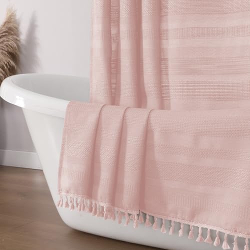 OVZME Pink Shower Curtain for Bathroom, Boho Linen Textured Shower Curtain with Tassel, Rustic Striped Heavy Duty Vintage Country Bathroom Curtain, 72Wx72L Inches