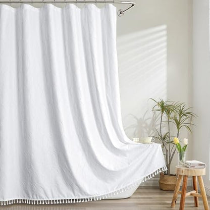 OVZME White Shower Curtain for Bathroom, Puff Printed Textured Shower Curtain with Tassels, Rustic Geometry Heavy Duty Vintage Country Bathroom Curtain, Water Resistant Fabric, 72Wx72L Inches