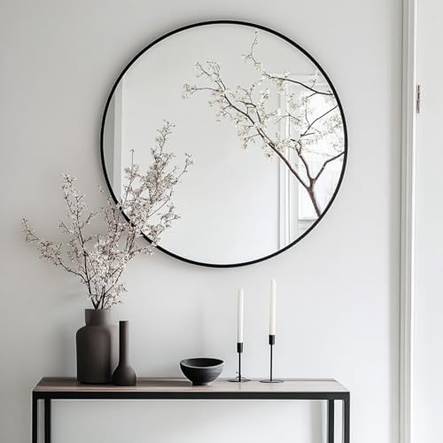 Oruii Round Mirror, 26 inch Black Circle Mirror, Matte Black Metal Frame