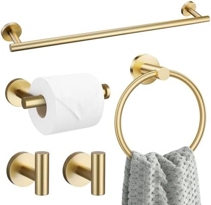 5 Pieces Brushed Gold Bathroom Hardware Accessories Set SUS304 Stainless Steel Gold Towel Bar Holder Set, 23.6Inch Towel Racks for Bathroom, Robe Towel Hooks, Toilet Paper Holder Wall Mounted