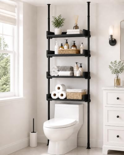 ALLZONE Bathroom Organizer, Over The Toilet Storage, 4-Tier Adjustable Wood Shelves for Small Rooms, Saver Space Rack, Narrow Cabinet, 92 to 116 Inches Tall, Black