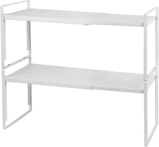 Nxconsu Expandable Cabinet Shelf Organizer Riser, 10.5" 2 Pack White | Heavy-Duty Steel Expandable Shelf Holds 50 lb, 5-Level Stackable Riser for Kitchen Cabinet Cupboard Pantry Counter Under Sink