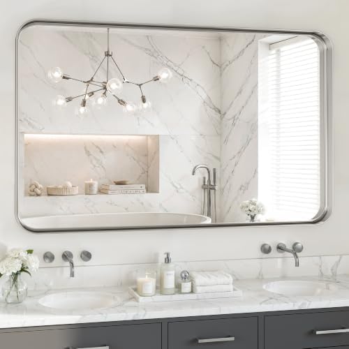 48X30 Inch Silver Metal Framed Bathroom Mirror for Wall,HD Tempered Glass