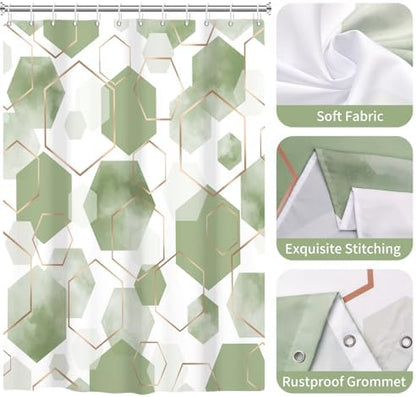 deFouliao Sage Green Modern Shower Curtain Geometric Grid Art Abstract Waterproof Bathroom Curtain for Bathtub Home Hotel Decor, Washable with Hooks, 60x72 Inch