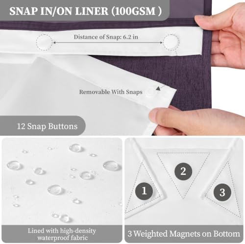 BTTN Purple Ringless Linen Textured Shower Curtain with Snap in Liner 72x75