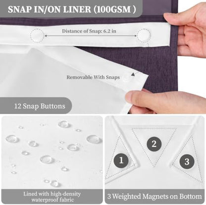 BTTN Purple Ringless Linen Textured Shower Curtain with Snap in Liner 72x75