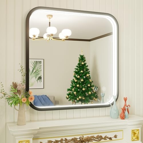 30"x30" Black LED Bathroom Mirror with Lights, 3000K/4500K/6000K