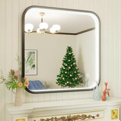 30"x30" Black LED Bathroom Mirror with Lights, 3000K/4500K/6000K