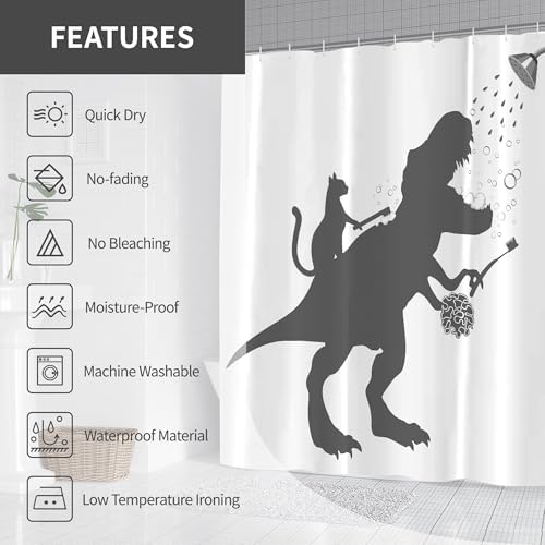 Funny Dino Dinosaur Cat Kids Boy Fun Shower Curtain for Bathroom 72W*72H Inch Trex Raptor Silhouette Bathing Cartoon Animal Shadow Bathtub Decor Teen Cute Waterproof Polyester Fabric Set with 12 Hooks