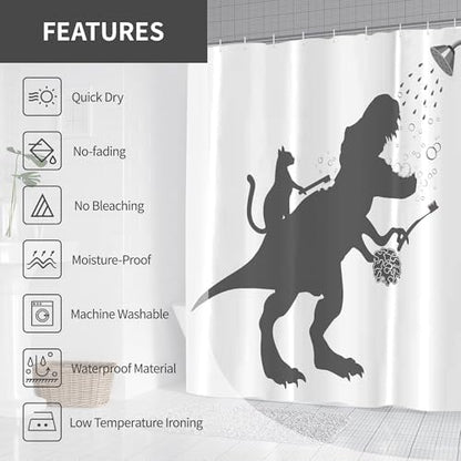 Funny Dino Dinosaur Cat Kids Boy Fun Shower Curtain for Bathroom 72W*72H Inch Trex Raptor Silhouette Bathing Cartoon Animal Shadow Bathtub Decor Teen Cute Waterproof Polyester Fabric Set with 12 Hooks