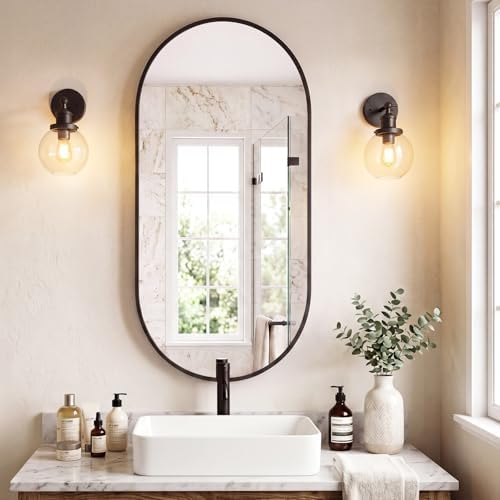 Sweetcrispy 24" x 48" Black Bathroom Mirror for Wall, Oval Walls Mirror