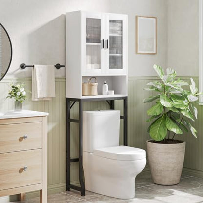 USHOWER White Over The Toilet Storage Cabinet with Glass Doors