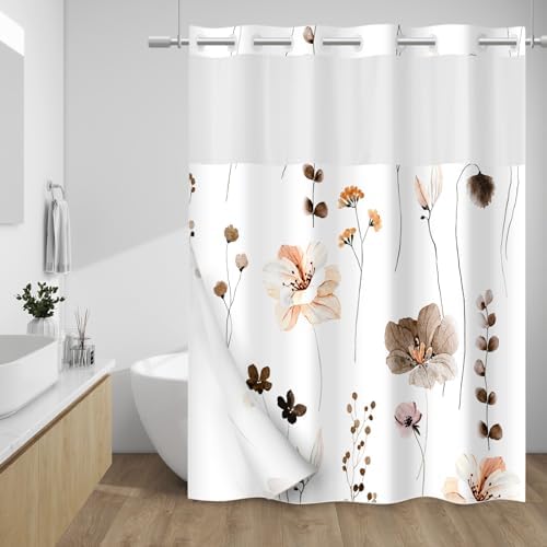 WITHLOC No Hook Floral Shower Curtain with Liner, Brown, 71x74