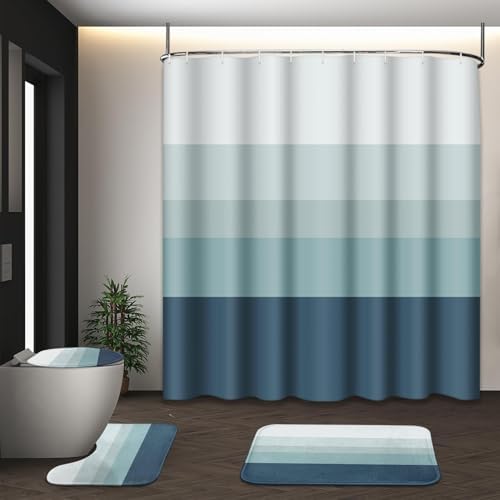 Bathroom Sets with Shower Curtain and Rugs, 4 Pcs, Striped Ombre