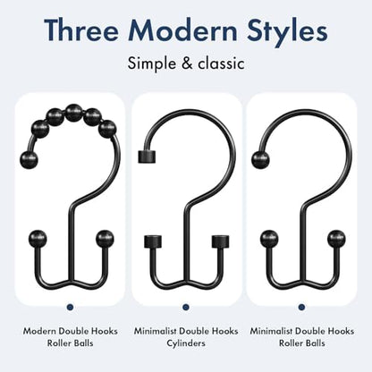 Bathway Shower Curtain Hooks Matte Black Shower Curtain Rings, 12 Pcs Double Hook Shower Curtain Hooks Rings Shower Curtain Hangers Rust Proof, Metal Shower Hooks for Bathroom Shower Curtain Rod