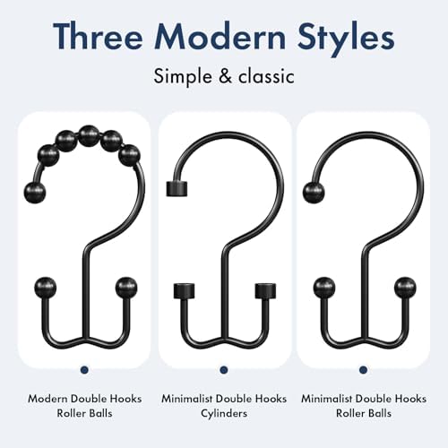Bathway Shower Curtain Hooks Matte Black Shower Curtain Rings, 24 Pcs Double Hook Shower Curtain Hooks Rings Shower Curtain Hangers Rust Proof, Metal Shower Hooks for Bathroom Shower Curtain Rod