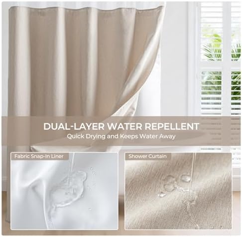 River Dream Linen Textured No Hooks Shower Curtain with Liner,Linen,71x80