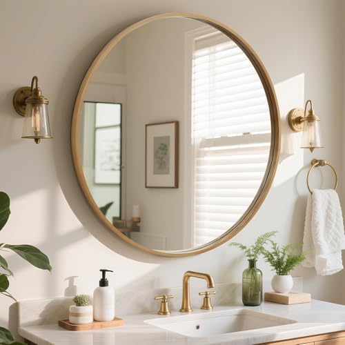 WallBeyond Round Wood Mirror, 36" Round Modern Decoration Large Circle Wall Mirror for Bathroom Living Room Bedroom Entryway, Natural