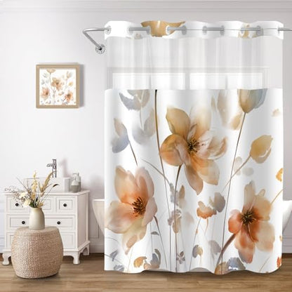 No Hook Shower Curtain and Liner Set, Orange Boho Floral 71x74