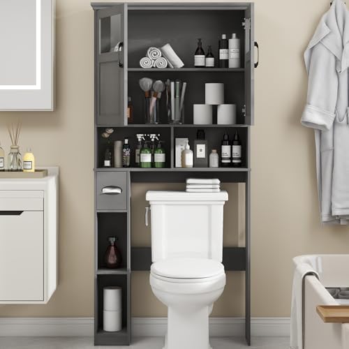 Vabches Over The Toilet Storage Cabinet with Doors & Paper Holder, Ash Grey