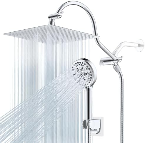 Hibbent 12'' All Metal CUPC Certified Shower Head, High Pressure Rainfall Shower Head, Handheld Showerhead Combo, 12'' Adjustable Shower Extension Arm, 10-Spray, 71'' Hose, Showerhead Holder, Chrome