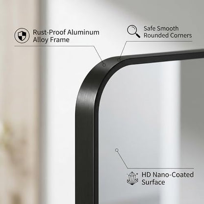 Koonmi Bathroom Mirror, 36X36 Brushed Black Metal Framed Wall-Mounted Mirror for Over Sink, HD Tempered Glass, Anti-Rust, Rounded Rectangle Mirror for Restroom, Bedroom, Hangs Horizontal or Vertical
