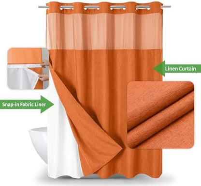 eachope No Hook Fabric Shower Curtain with Snap-in Liner,71x74 Burnt Orange