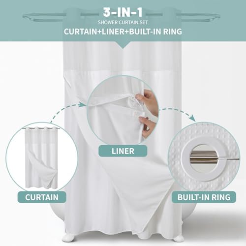 eachope No Hook Waffle Shower Curtain with Snap-in Liner, 60x86 Inch, White