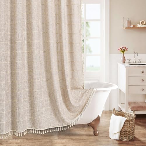 Boho Farmhouse Classic Plaid Linen Tassel Shower Curtain Grey,72x84