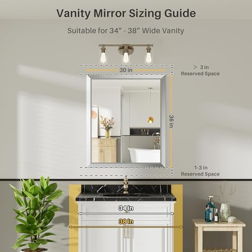 Briivue Bathroom Wall Mirror, Silver Brushed Nickel Metal Frame, 36x30 Inch