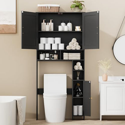 Homhedy Wooden Over The Toilet Storage Cabinet, Natural and Black