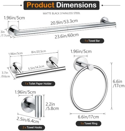 5Piece Polished Chrome Bathroom Hardware Accessories Set, 24" Towel Bar Set